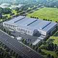 Large Industrial Factory Building With Green Trees Lawns Roads And Parking Areas