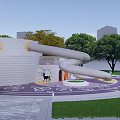 Modern Children's Play Area With Curved Slide Colorful Ground And Surrounding Green Trees