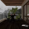 Home Balcony Design With Wooden Round Table Foldable Chairs Green Plants And Lantern