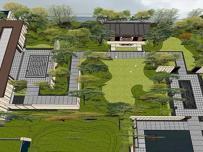 Garden Landscape Design With Lush Trees Green Lawn Geometric Paths And Paved Areas 3d model