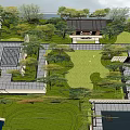 Garden Landscape Design With Lush Trees Green Lawn Geometric Paths And Paved Areas