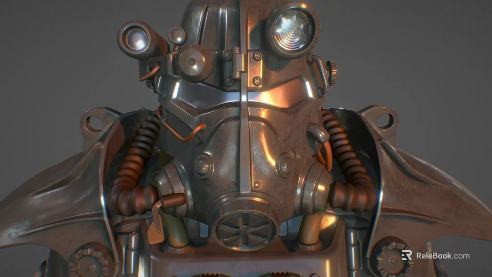 Futuristic Metallic Mechanical Armor Suit With Helmet Hoses Lights And Bolts 3d model 