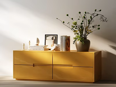 Modern Yellow Entryway Console Cabinet With Drawers Books Photo Frame And Green Plant Vase 3d model