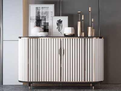 Modern Console Cabinet White Vertical Stripes Gold Accents Topped With Plates Candleholders And Artworks 3d model