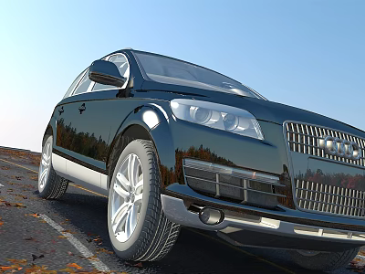 Black Audi SUV Parked On Road With Autumn Leaves And Clear Blue Sky 3d model