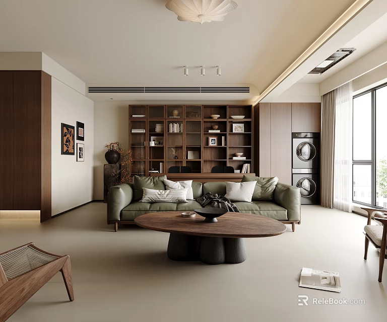 Modern Living Dining Room Interior With Dark Brown Bookshelf Green Sofa Round Wooden Coffee Table 3d model 