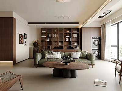 Modern Living Dining Room Interior With Dark Brown Bookshelf Green Sofa Round Wooden Coffee Table 3d model