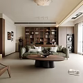 Modern Living Dining Room Interior With Dark Brown Bookshelf Green Sofa Round Wooden Coffee Table