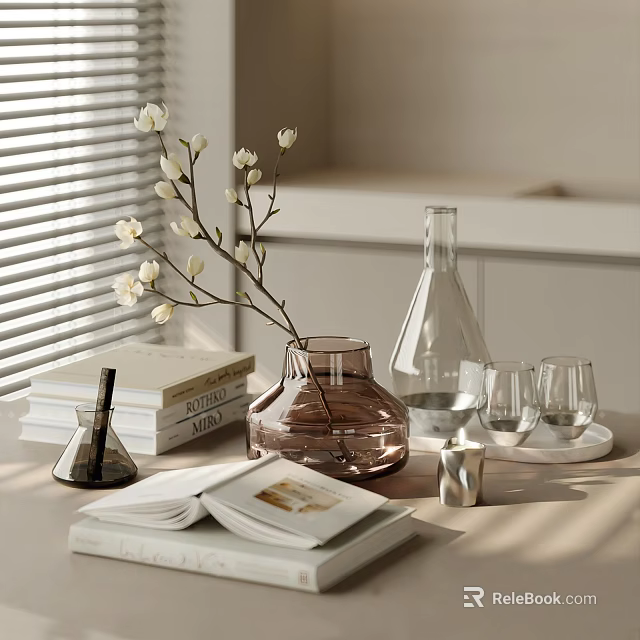 Elegant Decorative Ornament Set With White Flowers Vase Glass Carafe Cups And Books 3d model 