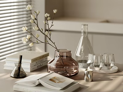 Elegant Decorative Ornament Set With White Flowers Vase Glass Carafe Cups And Books 3d model