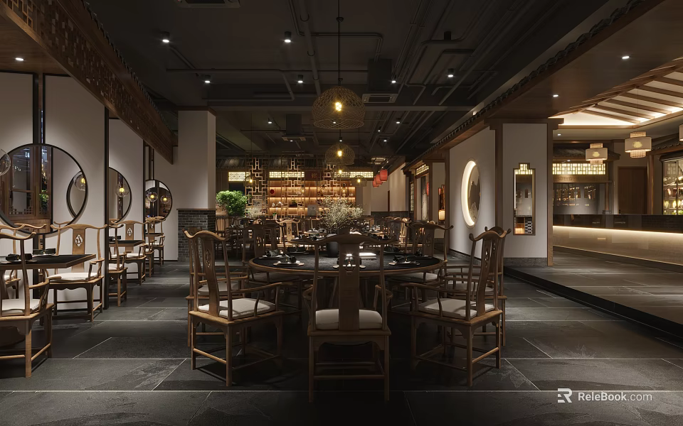 Traditional Chinese Restaurant Interior With Wooden Tables Round Windows Pendant Lights And Green Plants 3d model 