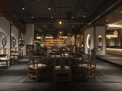 Traditional Chinese Restaurant Interior With Wooden Tables Round Windows Pendant Lights And Green Plants 3d model