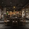 Traditional Chinese Restaurant Interior With Wooden Tables Round Windows Pendant Lights And Green Plants