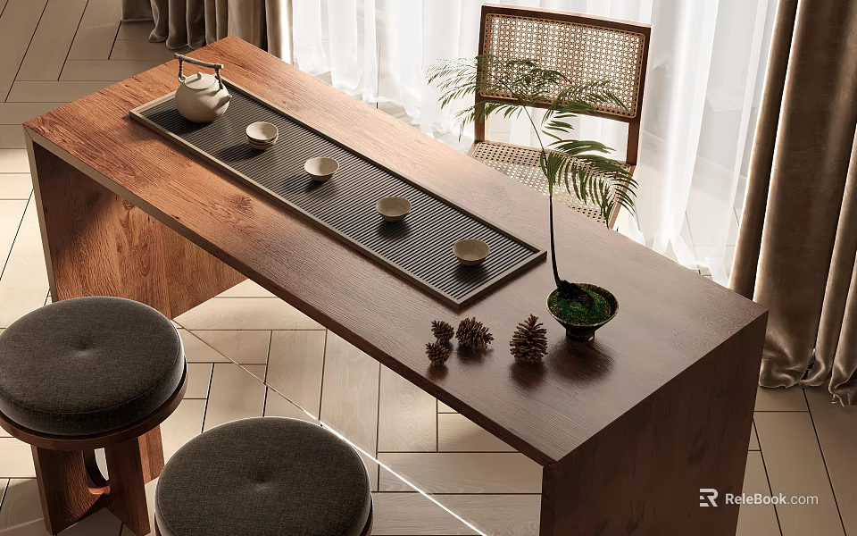 Natural Wooden Tea Table and Chairs with Tea Tray Teapot Cups Green Plant Pine Cones 3d model 