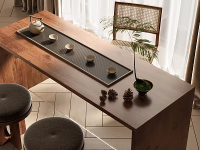 Natural Wooden Tea Table and Chairs with Tea Tray Teapot Cups Green Plant Pine Cones 3d model