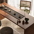 Natural Wooden Tea Table and Chairs with Tea Tray Teapot Cups Green Plant Pine Cones