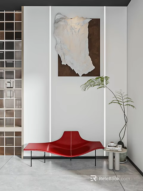Red Accent Chair In Modern Living Space With Abstract Wall Art And Green Decorative Plant 3d model 