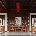 Chinese Style Exhibition Hall Interior With Mahogany Structure Red Lanterns And Traditional Calligraphy