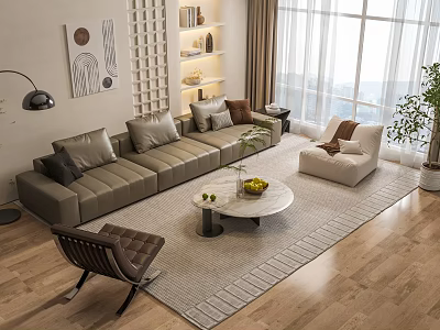 Modern Living Room Sofa Coffee Table Set With Floor To Ceiling Windows And Potted Plant 3d model