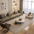Modern Living Room Sofa Coffee Table Set With Floor To Ceiling Windows And Potted Plant