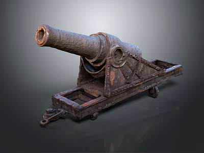 Ancient Rusty Iron Cannon On Wooden Carriage With Metal Wheels 3d model