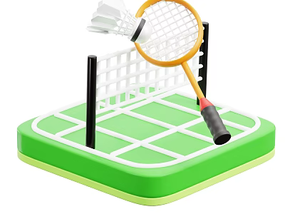 Badminton Sports Equipment Featuring Yellow Racket Shuttlecock Net and Green Court Base 3d model