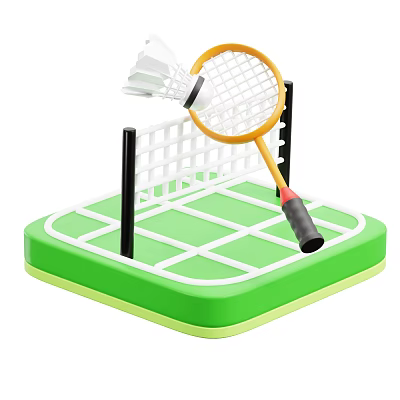Badminton Sports Equipment Featuring Yellow Racket Shuttlecock Net and Green Court Base 3d model
