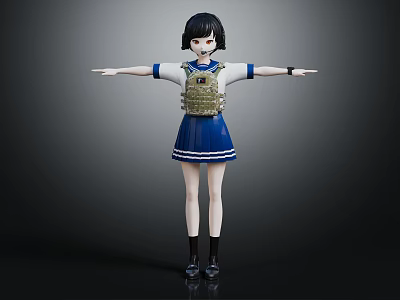 Female Character Model In Blue White School Uniform With Camouflage Backpack And Outstretched Arms 3d model