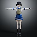 Female Character Model In Blue White School Uniform With Camouflage Backpack And Outstretched Arms