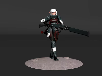Woman With White Hair In Mechanical Armor Holding Large Weapon On Circular Gray Platform 3d model