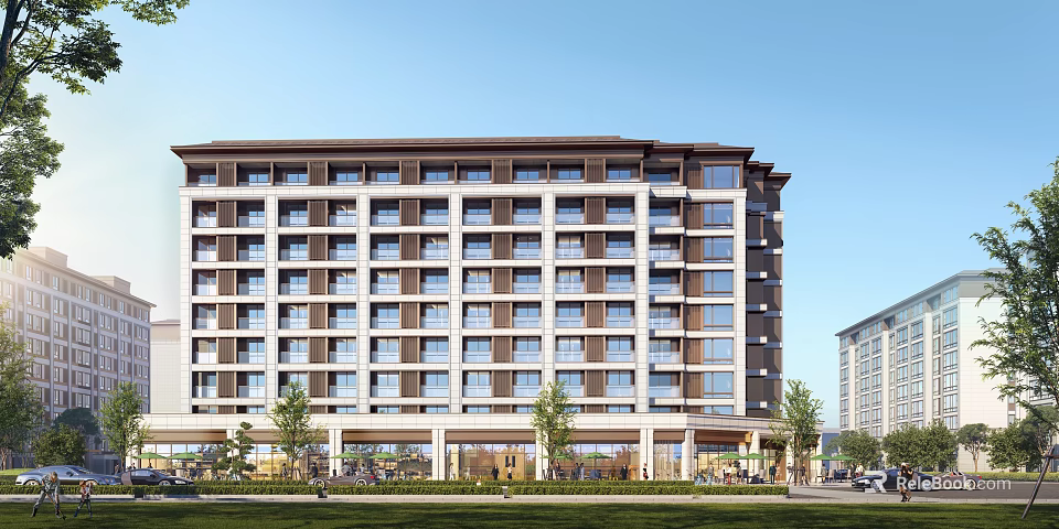 Modern Residential Building Exterior Design with Large Windows and Greenery Around Ground Floor 3d model 