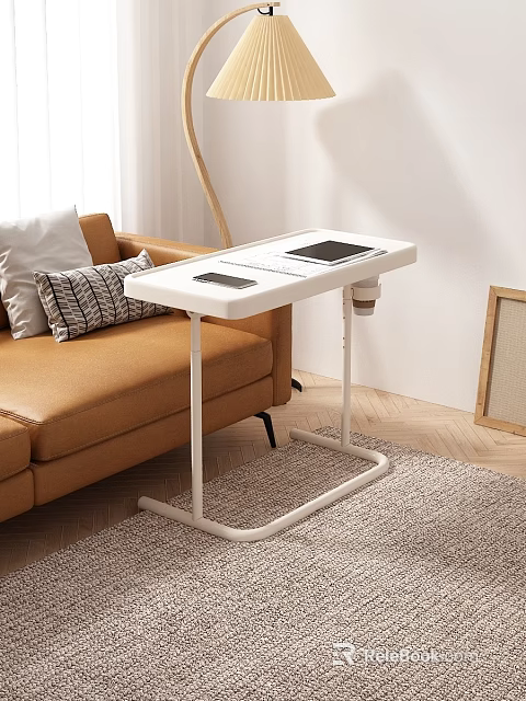 Multifunctional Living Room Desk With Laptop Tablet Coffee Cup And Brown Sofa 3d model 