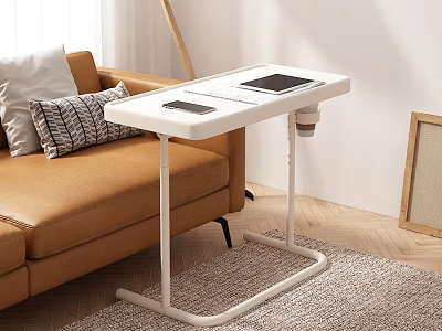 Multifunctional Living Room Desk With Laptop Tablet Coffee Cup And Brown Sofa 3d model
