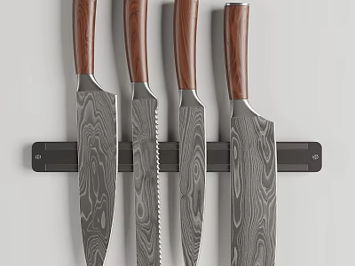 Elegant Kitchen Knife Collection with Wooden Handles and Patterned Blades on Black Rack 3d model
