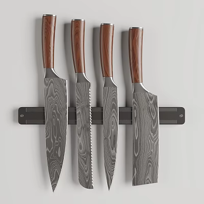 Elegant Kitchen Knife Collection with Wooden Handles and Patterned Blades on Black Rack 3d model