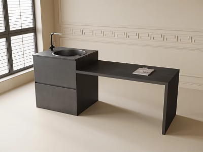 Black Modern Dining Table With Magazine On Surface Near Window And Decorative Wall Molding 3d model