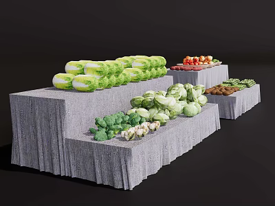 Fresh Vegetables Display On Layered Gray Tablecloth With Cabbages Lettuce Broccoli Mushrooms And Black Background 3d model