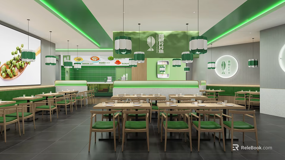 Modern Green And White Restaurant Interior With Pendant Lights Wooden Tables And Chairs 3d model 