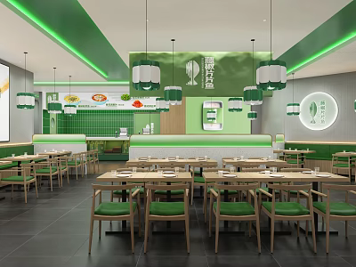 Modern Green And White Restaurant Interior With Pendant Lights Wooden Tables And Chairs 3d model