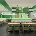 Modern Green And White Restaurant Interior With Pendant Lights Wooden Tables And Chairs