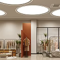 Clothing Store Interior With Circular Ceiling Lights Brown Pillar Racks Mannequins Plants And Wooden Cabinets