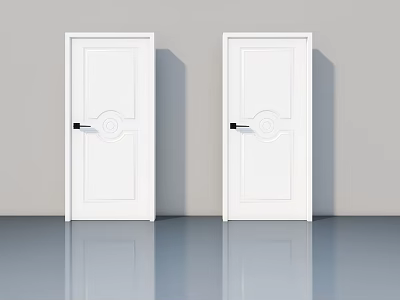 White Hinged Doors With Decorative Patterns And Black Handles On Light Wall 3d model