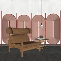 Red Screen with Circular Hollow Design and Brown Leather Sofa Wooden Frame Gray Carpet