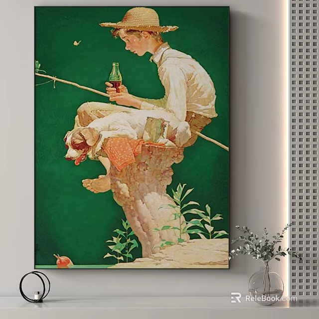 Vintage Boy Portrait Sitting On Stump With Dog And Drink Bottle In Green Background 3d model 