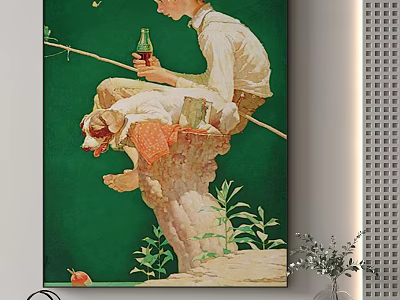Vintage Boy Portrait Sitting On Stump With Dog And Drink Bottle In Green Background 3d model