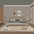 Minimalist Japanese Bedroom Interior With Wooden Bed Sliding Wardrobe And Wall Art