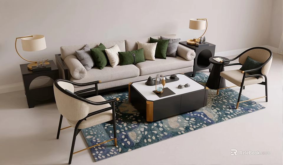 Beige Sofa Set With Green Throw Pillows Modern Coffee Table Accent Chairs And Patterned Rug 3d model