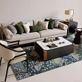 Beige Sofa Set With Green Throw Pillows Modern Coffee Table Accent Chairs And Patterned Rug 3d model