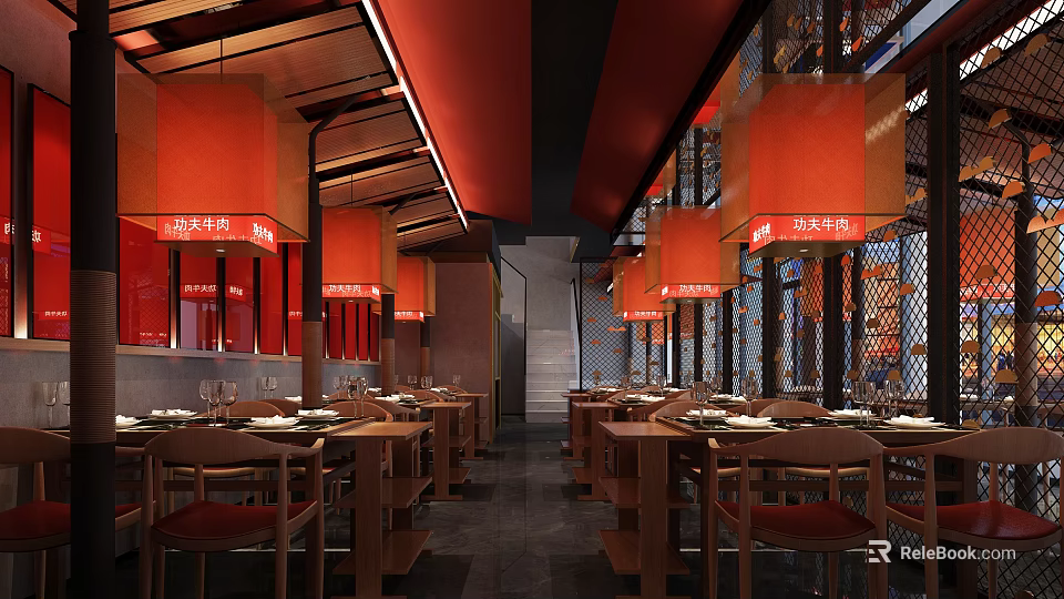 Traditional Chinese Hotpot Restaurant Interior Design With Red Lanterns And Wooden Tables and Chairs 3d model 
