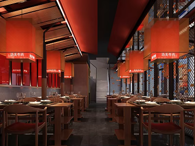 Traditional Chinese Hotpot Restaurant Interior Design With Red Lanterns And Wooden Tables and Chairs 3d model